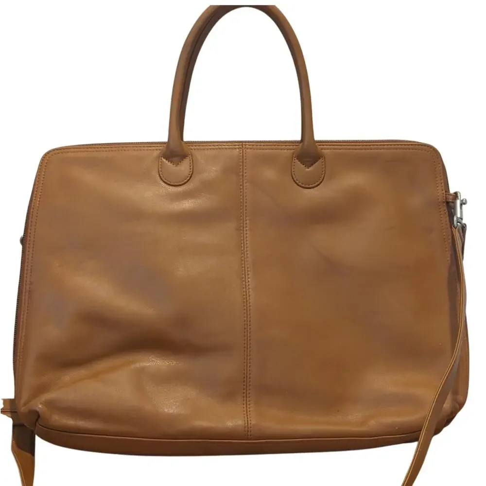 Levenger Business Vintage Tan Leather Briefcase with Crossbody Strap
